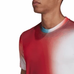 Adidas Men's Melbourne FreeLift Printed Top (White/Vivid Red/Black) 19 Adidas Men's Melbourne FreeLift Printed Top (White/Vivid Red/Black) -RACQUET GUYS Shop H67126 APP on model detail 2 white