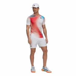 Adidas Men's Melbourne FreeLift Printed Top (White/Vivid Red/Black) 17 Adidas Men's Melbourne FreeLift Printed Top (White/Vivid Red/Black) -RACQUET GUYS Shop H67126 APP on model standard outfit white