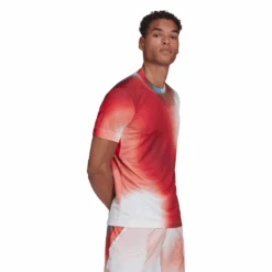 Adidas Men's Melbourne FreeLift Printed Top (White/Vivid Red/Black) 16 Adidas Men's Melbourne FreeLift Printed Top (White/Vivid Red/Black) -RACQUET GUYS Shop H67126 APP on model walking white